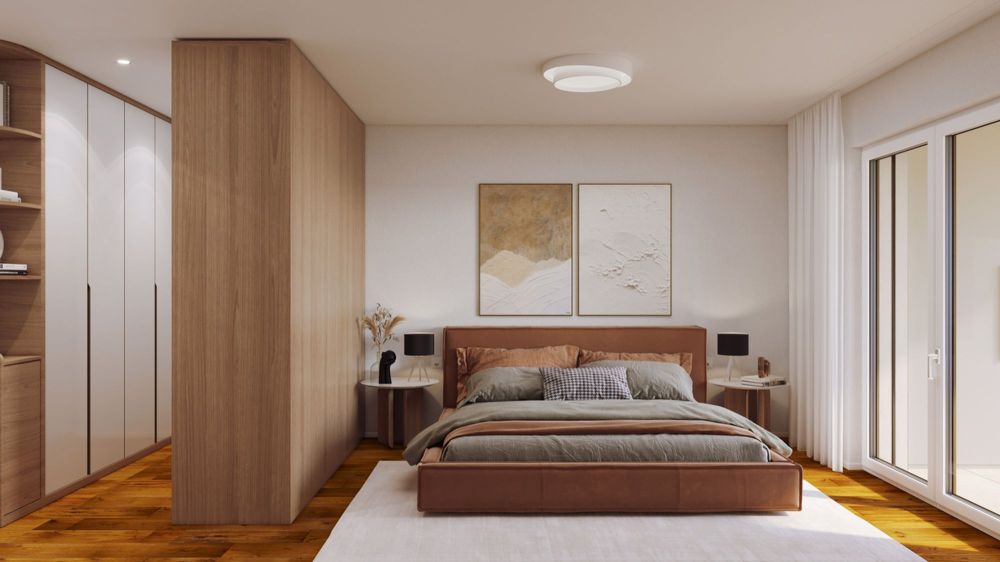 3.5 Z.-Wohnung im EG, 89m2 Netto Wohnfläche, 35m2 gedeckter Balkon - Schlafzimmer