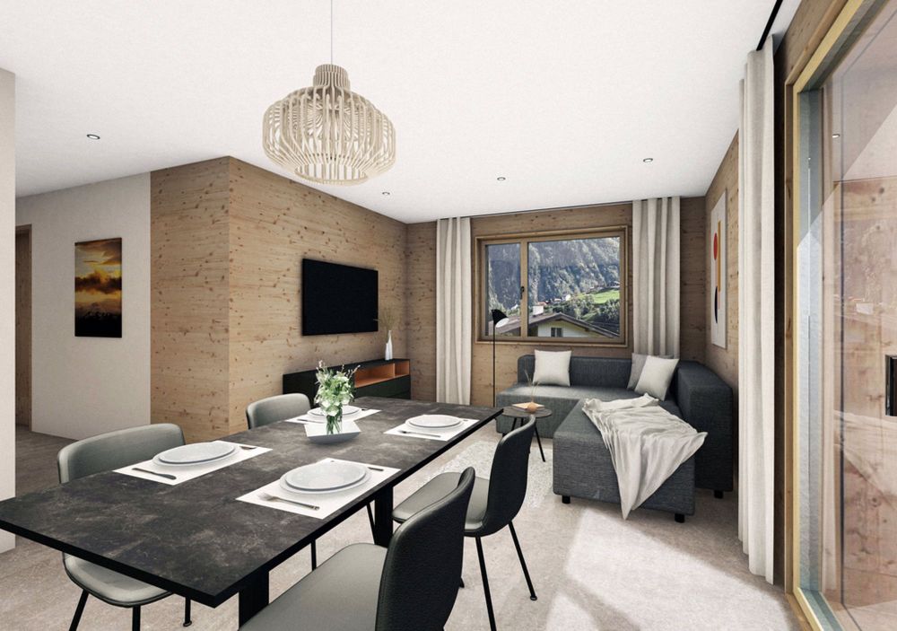 Natürlich Nachhaltig - Neue Ferienapartments an der Skipiste - Visualisierung Wohnbereich