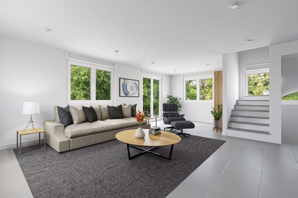 Villa individuelle neuve avec choix des finitions au gré du preneur - Image de synthèse du séjour une fois terminé / Synthesebild des Wohnzimmers nach Abschluss / Synthesis image of the completed living room