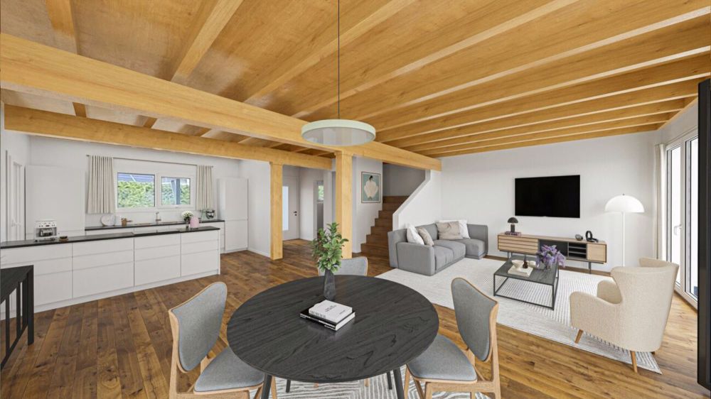Doppeleinfamilienhaus - Neubau im modernen Holzbau - Visualisierung mögliche Einrichtung EG