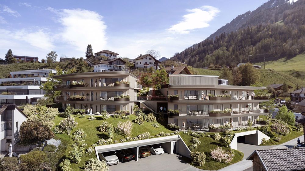 Broc - Résidences Les Terrasses de Chambon - Appts de 4.5 à 5.5 pces - Vue extérieure de l'immeuble A à gauche et de l'immeuble B à droite