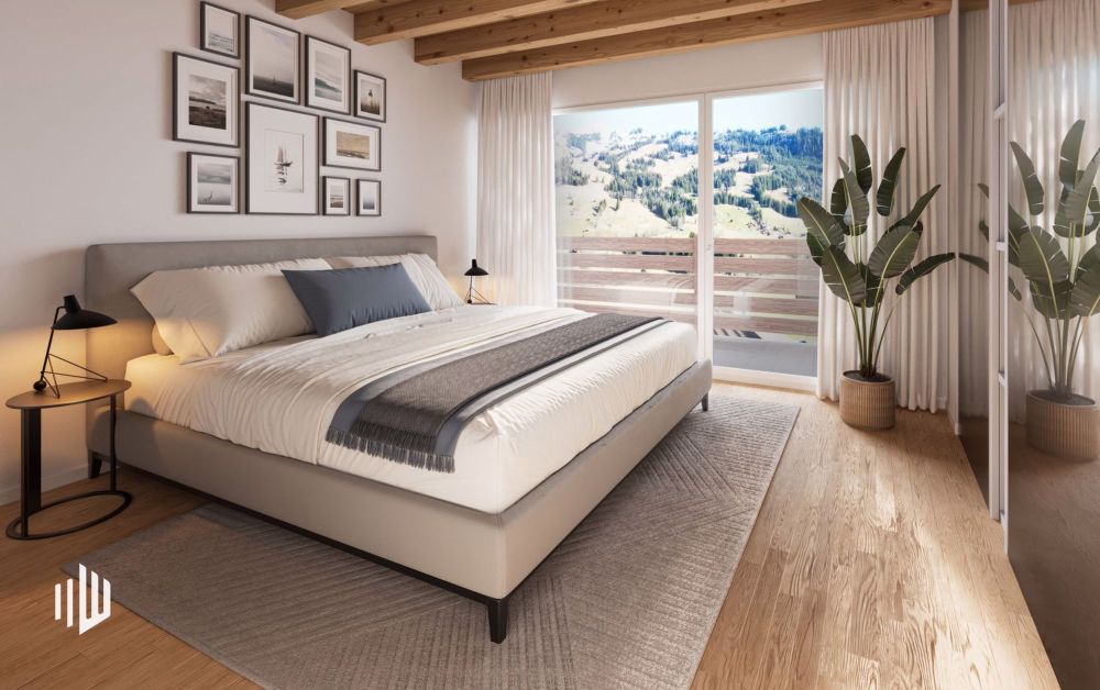 Schlafzimmer mit schöner Berg- und Talsicht