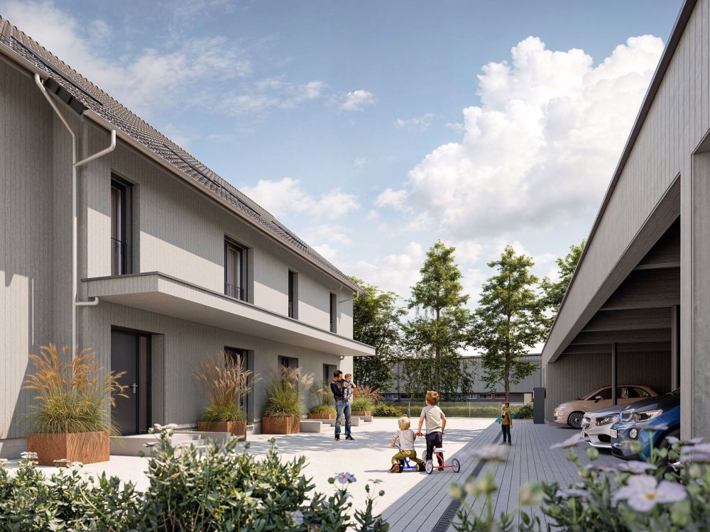 6-Zimmer-Haus mit Wohlfühlcharakter - Häuser am Fähriweg, Buchrain - Carport-Parkplätze und gemeinsam genutzter Hausvorplatz bietet Platz für Spiel und Begegnung