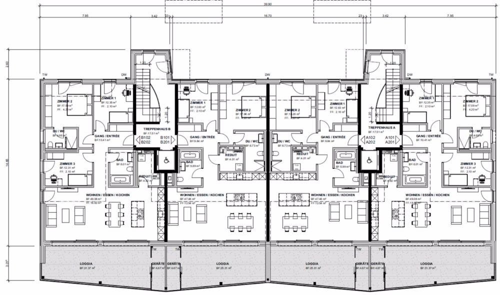 einzigartige 3.5 Zimmer Neubau-Etagenwohnungen mit hohem Qualitäts- und Ausbaustandart - Grundriss 1. Obergeschoss / 2. Obergeschoss
