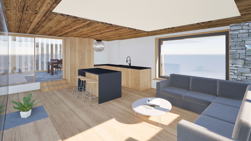 Duplex de charme dans une grange rénovée à Champsec - cuisine - coin à manger - séjour