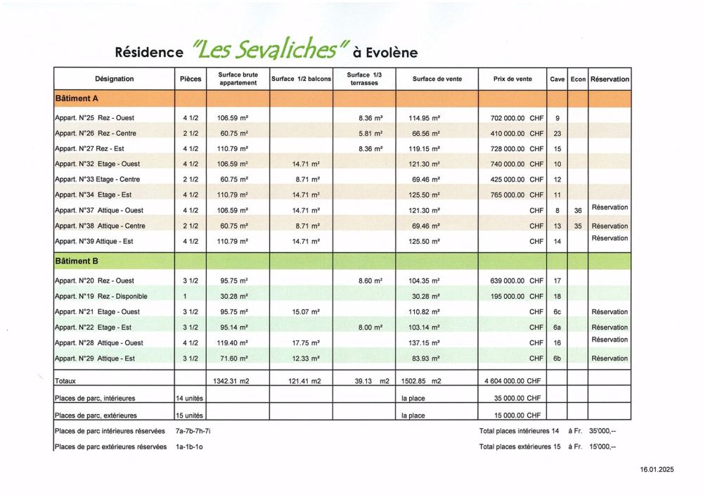 Nouvelle résidence "Les Sevaliches" - Evolène - Liste des prix de vente au 16.01.2025