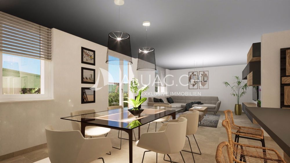 6.5 ZIMMER ERDGESCHOSSWOHNUNG - Dieser helle Wohnbereich bietet Zugang zur grossen Terrasse, die den ganzen Tag Sonnenlicht geniesst