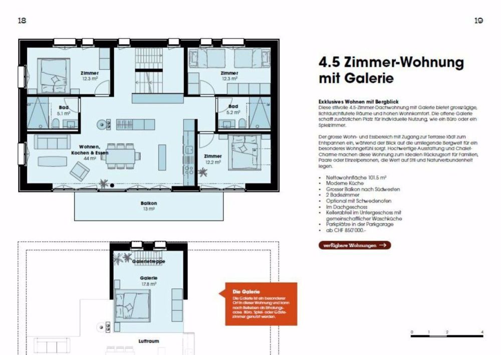 Eggetli-Adelboden - 4½ Zimmer EG/OG Wohnungen - Grundlrissplan 4.5 Zi. Wohnung mit Galerie im Dachgeschoss