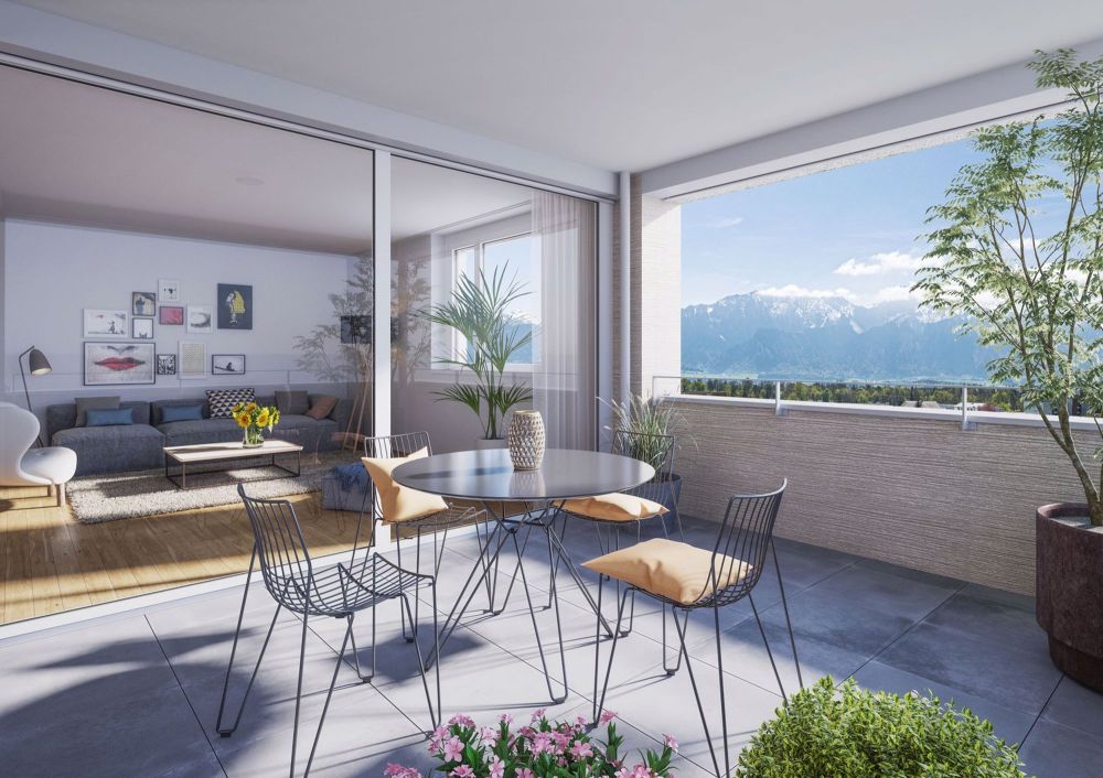Mit freier Sicht vom Stockhorn bis zum Jura und Abendsonne - Visualisierung Balkon