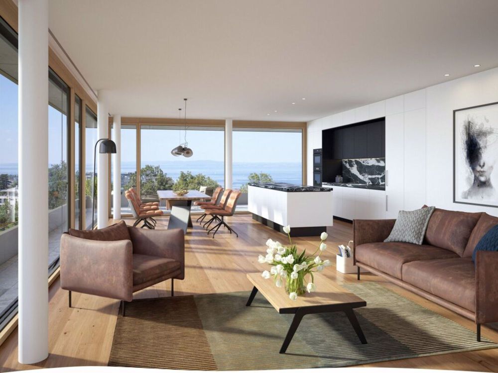 Schlossbach - 3.5 Zimmer Maisonette-Wohnung A102 - Visualisierung Kochen, Essen, Wohnen mit Panorama