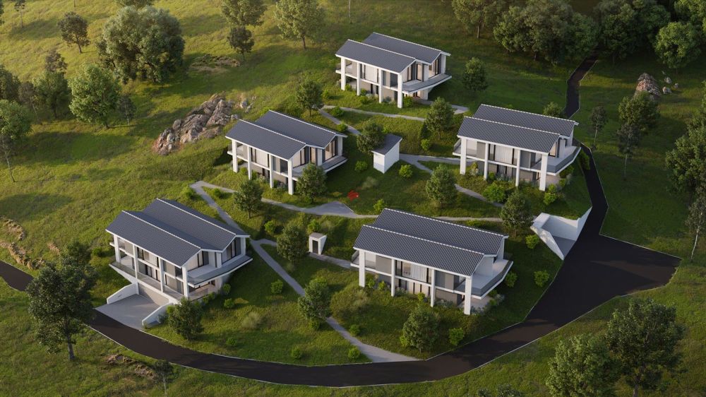 Villa E mit Traum-Aussicht über den Murtensee - / a 3d aerial view of a new home