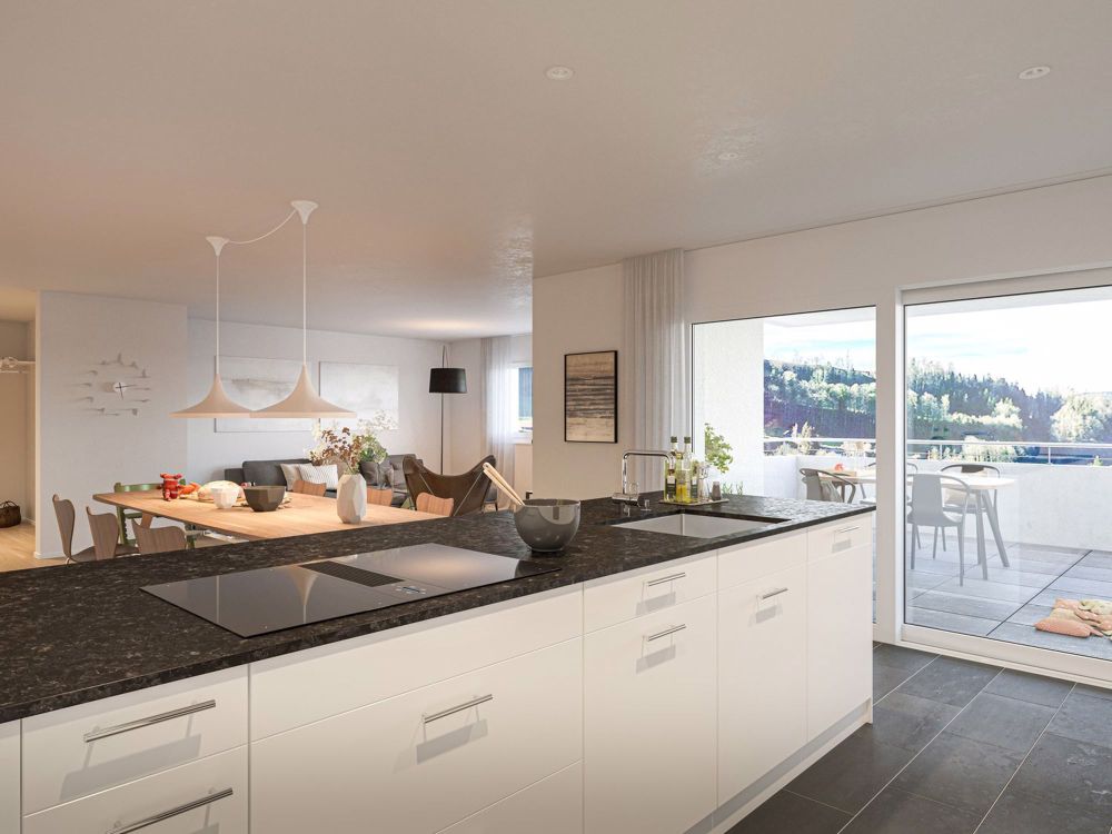 Lebensqualität auf einen Blick: Neubauwohnung mit Weitblick ins Grüne - Küche, Ess- und Wohnzimmer