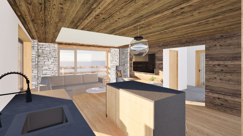 Duplex de charme dans une grange rénovée à Champsec - cuisine - coin à manger - séjour