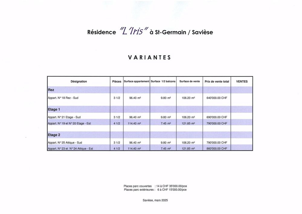 Nouveauté - Centre de Savièse - Prix de vente - Variantes