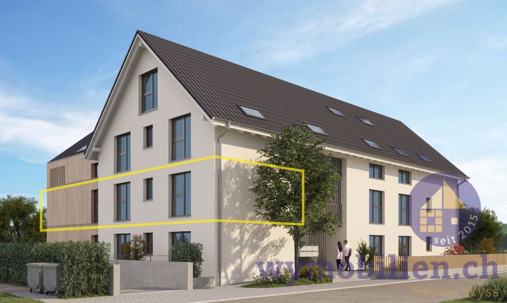 Wohntraum mit 4.5 Zimmer im 1. OG (Whg 522-3) - Einzug ab Sommer 2026 - Ansicht Nordost mit der Einfahrt in die Einstellhalle