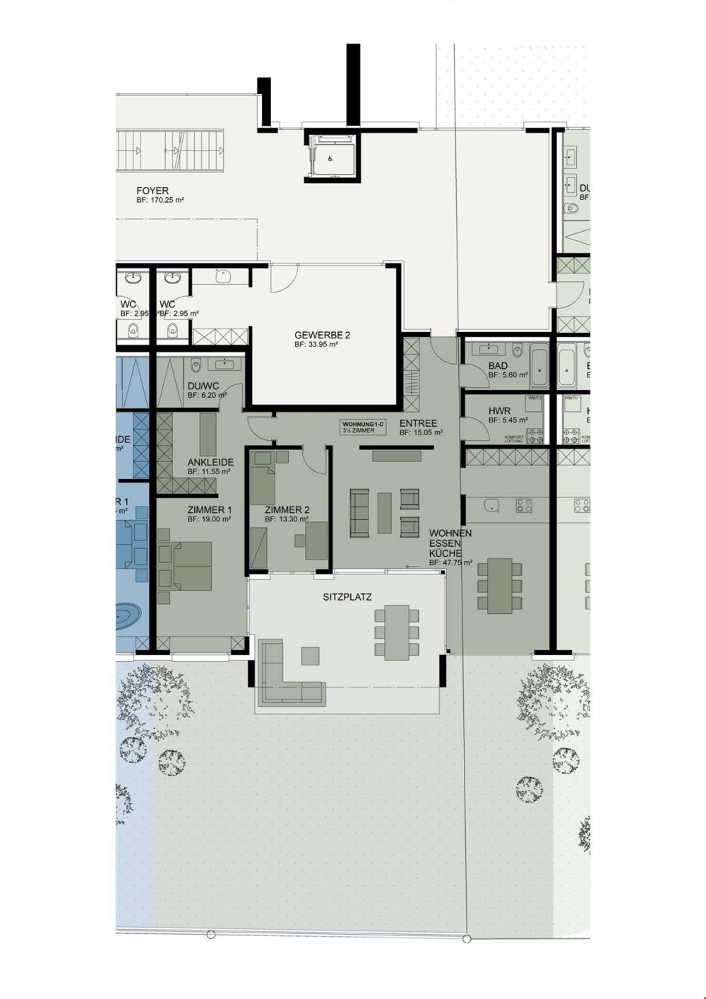WohnResidenz L'Opéra - Spektakuläres Wohnen im Unteren Aaretal - 3.5 Zimmer-Garten-Wohnung EG (1-C)