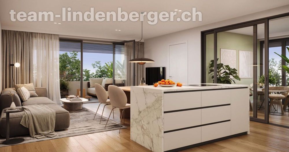 Neubauprojekt - 3½ Zi.-Wohnung 1.OG W5 - Wohnbereich (offener Küche mit Kochinsel), Balkon und Wintergarten