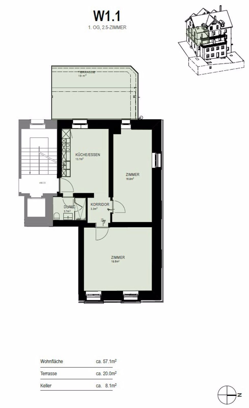 Moderne 3 Zi-Wohnung mit 19m2 Terrasse / Erstbezug nach Sanierung - Grundrissplan