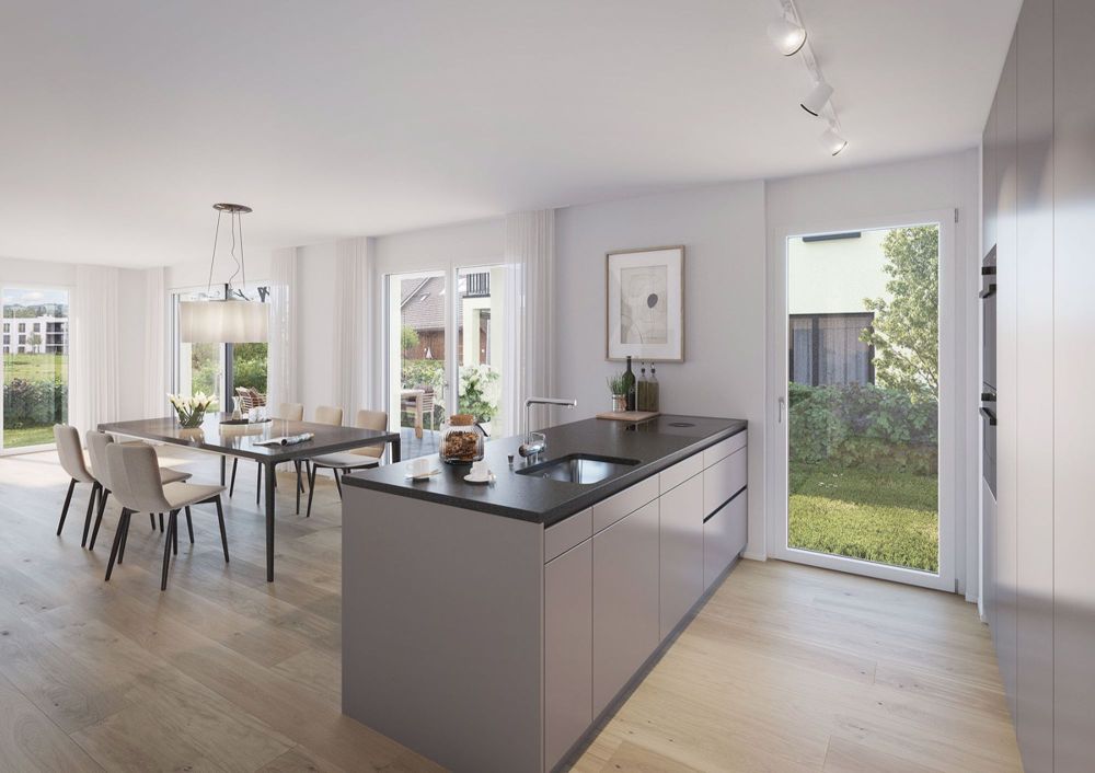 Letzte Doppelhaushälfte verfügbar - Neubauprojekt "Am Mettlenbach - 237331_Moderne offene Küche mit Blick in den Garten