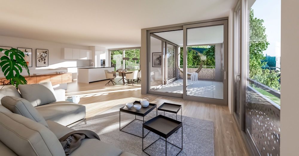 Neubau EG-Maisonette-Wohnung an schöner Lage (C-1.0) - Bild eines modernen Wohnzimmers mit weißen Möbeln und großen Fenstern und Glasschiebetüren / picture of modern living room with white furniture and large windows and sliding glass doors