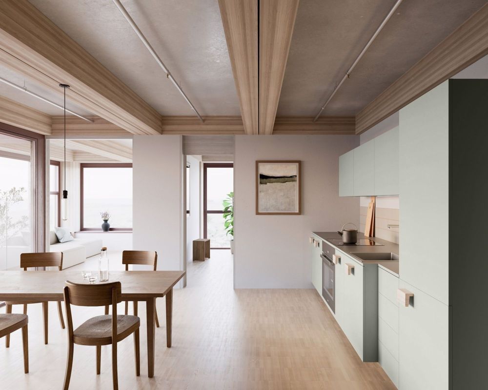 MIETEN OHNE KAUTION - Wohnen mit Weitblick im 17. Stock - Visualisierung Küche, Ausbauvariante Parkett, Küche in Salbeigrün