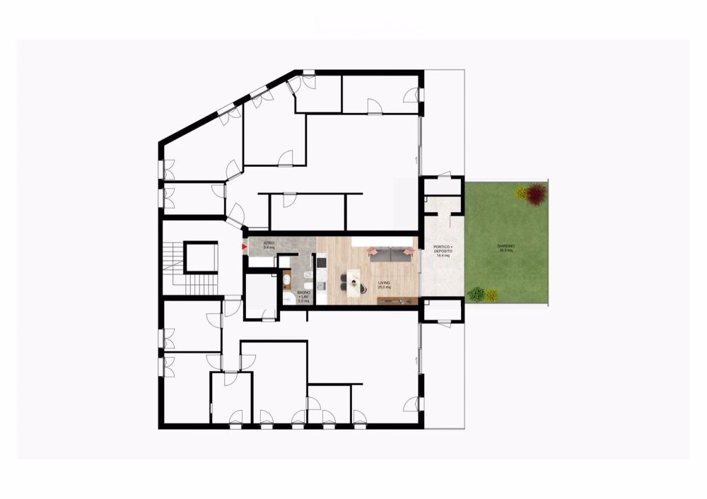 Wohnung mit 1,5 Zimmern von 43 m², 14 m² Portikus und 36 m² Garten im 1. Stock - Bild 3