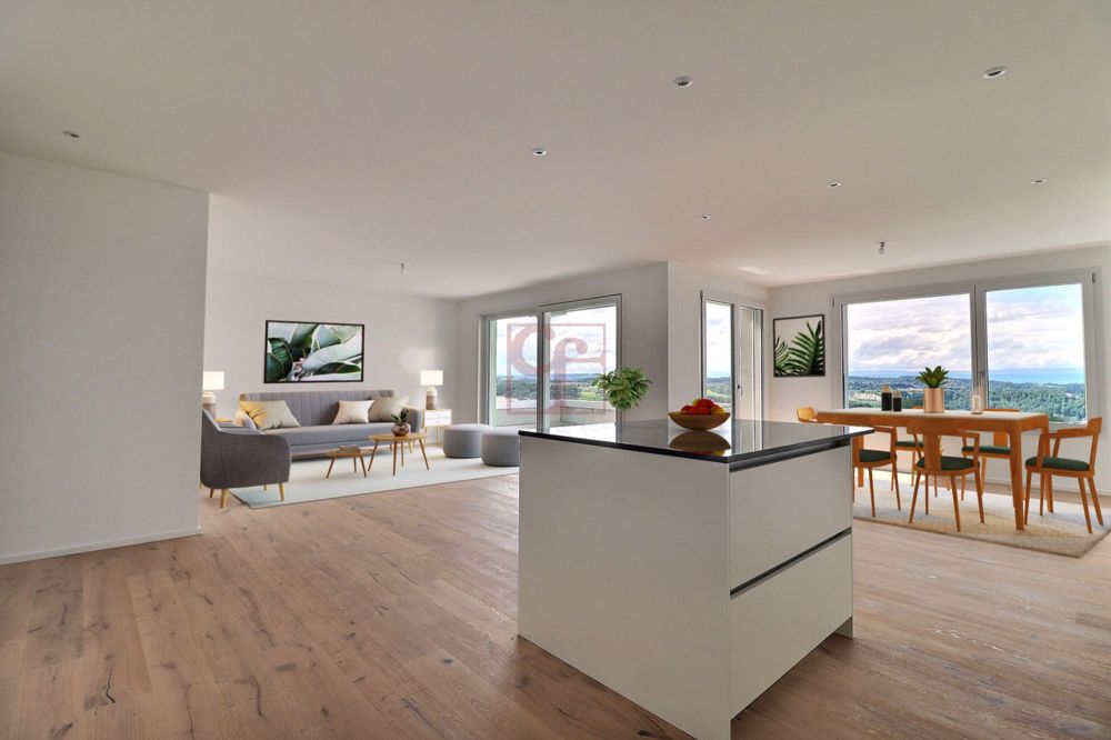 Arconciel - Prachtvolles 4.5-Zimmer-Neubau-Dachgeschoss - Simulation d'ameublement du grand séjour avec coin à manger