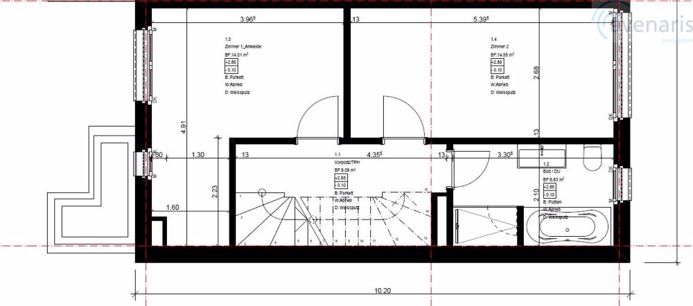 Neubauprojekt: 6 moderne Reiheneinfamilienhäuser - Grundriss Obergeschoss Haus A / Floor plan upper floor house A
