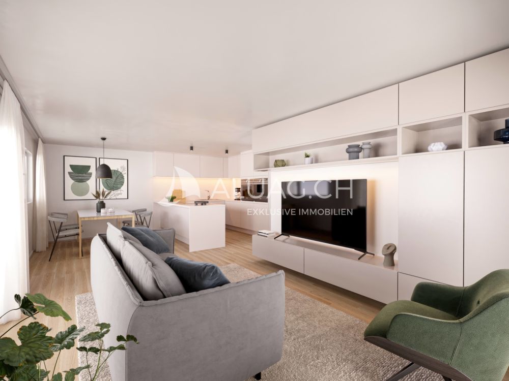 2.5 ZIMMER NEUBAUWOHNUNG IM EG - Modernes, lichtdurchflutetes Wohn- und Esszimmer mit offener Küche.
