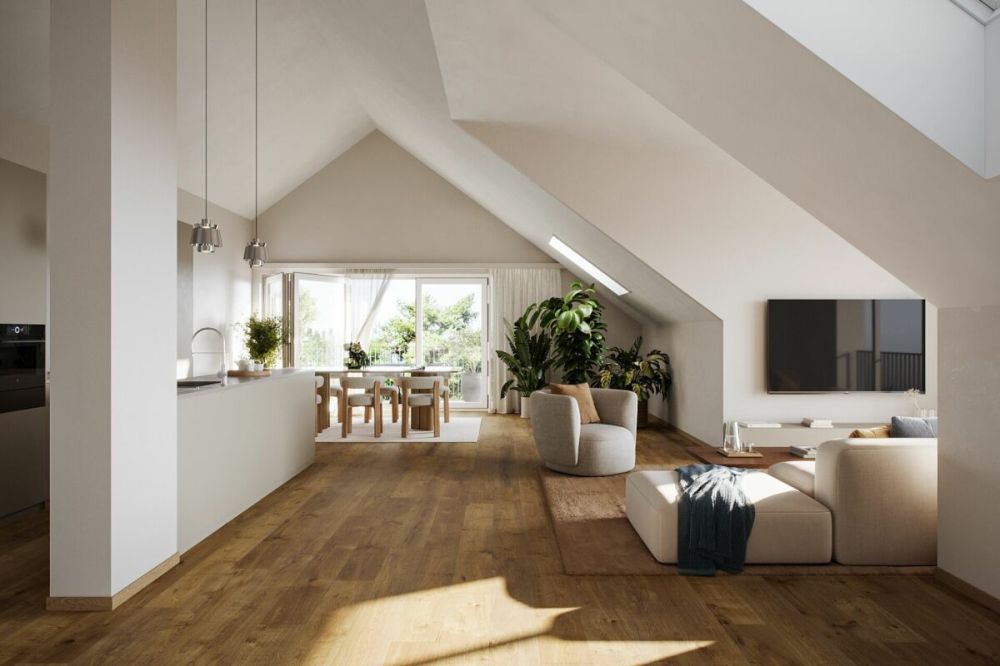 Dachwohnung  mit Loftgefühl und Weitblick Richtung See! - Visualisierung Wohn- und Essbereich