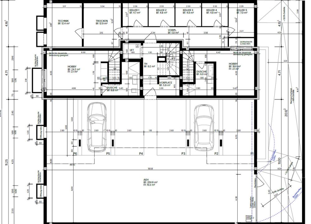 Neubauprojekt Cube: Exklusive Eigentumswohnung - Grundriss Untergeschoss Wohnung W1, W2, Keller und AEH