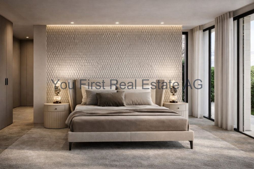 Luxuriöses Wohnen mit Seeblick in Eich  Ein Traum wird wahr! - Luxuriöses Schlafzimmer mit Design-Akzentwand und bodentiefen Panoramafenstern
