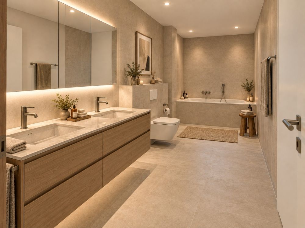 helle, elegante EG-Maisonette-Wohnung mit Garten (C-1.1) - Badzimmer mit Doppellavabo, WC und Badewanne