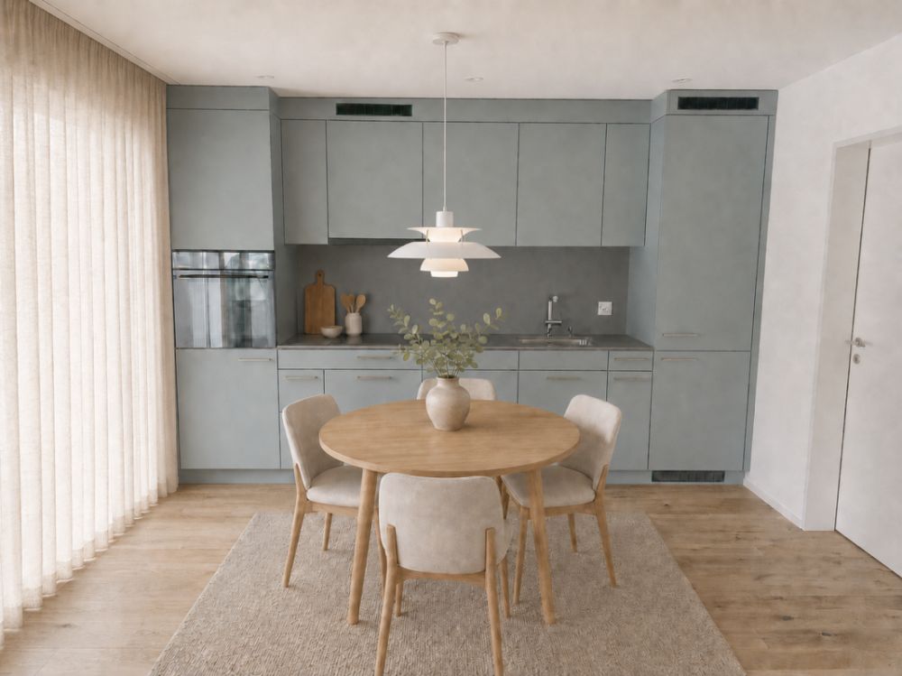 Zentrale Lage und 17.8 m² überdachte Terrasse als erweitertes Wohnzimmer - Elegante Küchenzeile, ideal integriert ins offene Wohnen / Essen