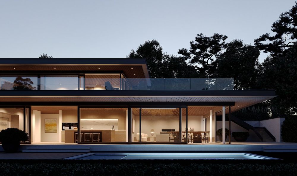 Neubauvilla mit Pool und Blick nahe Zürich. - Visualisierung Projekt - Frontansicht Dämmerung mit Pool