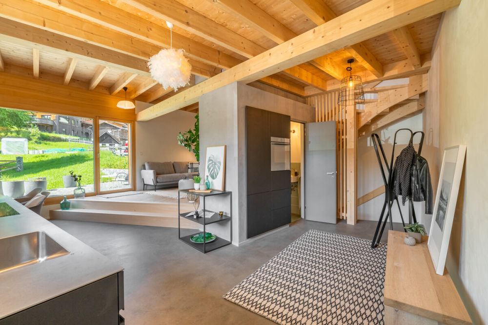 Ferienhaus mit Aussicht und moderner Architektur in Seewis - OW361_Küche Wohnen