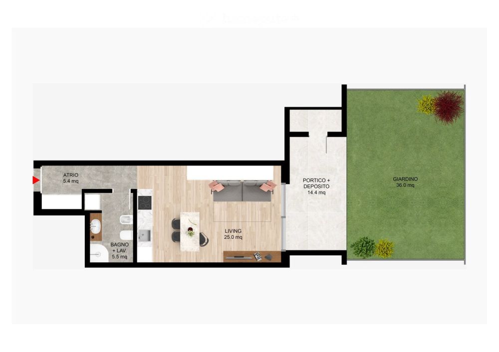 Appartamento di 1,5 locali da 43 m², 14 m² di portico e 36 m² di giardino al 1° piano -  Bild 1