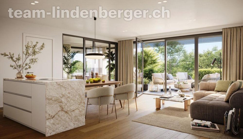 Letzte Wohnungen! 3½ Zi.-Gartenwohnung W4 - Innenausbau Wohnbereich mit Kochinsel und Gartensitzplatz