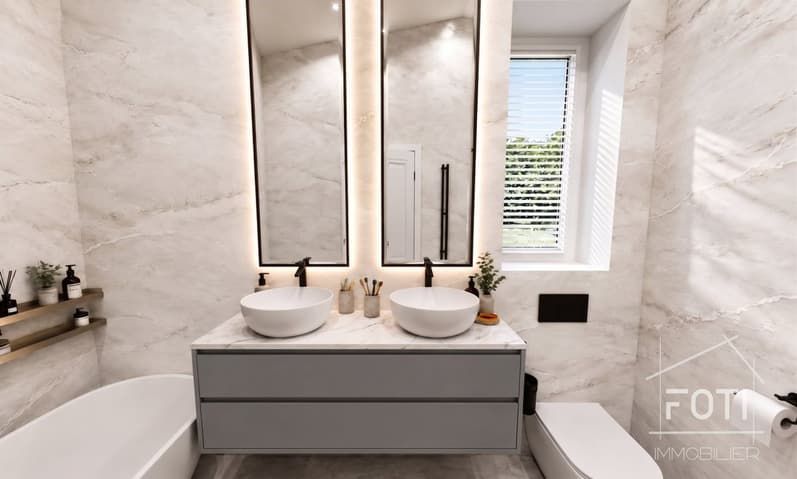Villa NEUVE 4,5 p. de 131 m² - jardin, terrasse 39 m² et vue Dents-du-Midi - Mur - Salle de bains - image de synthèse