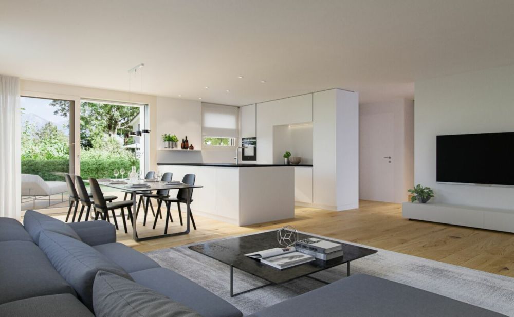 Neubau mit Lebensqualität - Hausteil mit eigenem Umschwung - Visualisierung Wohnzimmer mit Küche