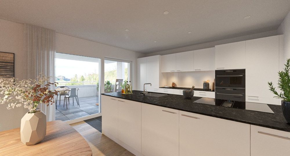 Lebensqualität auf einen Blick: Neubauwohnung mit Weitsicht ins Grüne - Küche & Balkon