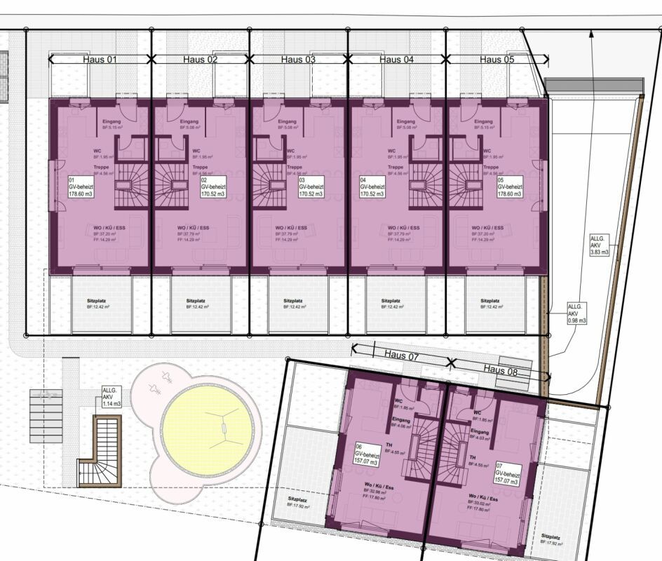 Bezugsbereiter Neubau: Einzigartiges Reihenhaus in Oberneunforn - Erdgeschoss mit Eingang, Gäste-WC, offener Wohn-, Ess- und Küchenbereich mit gedecktem Sitzplatz