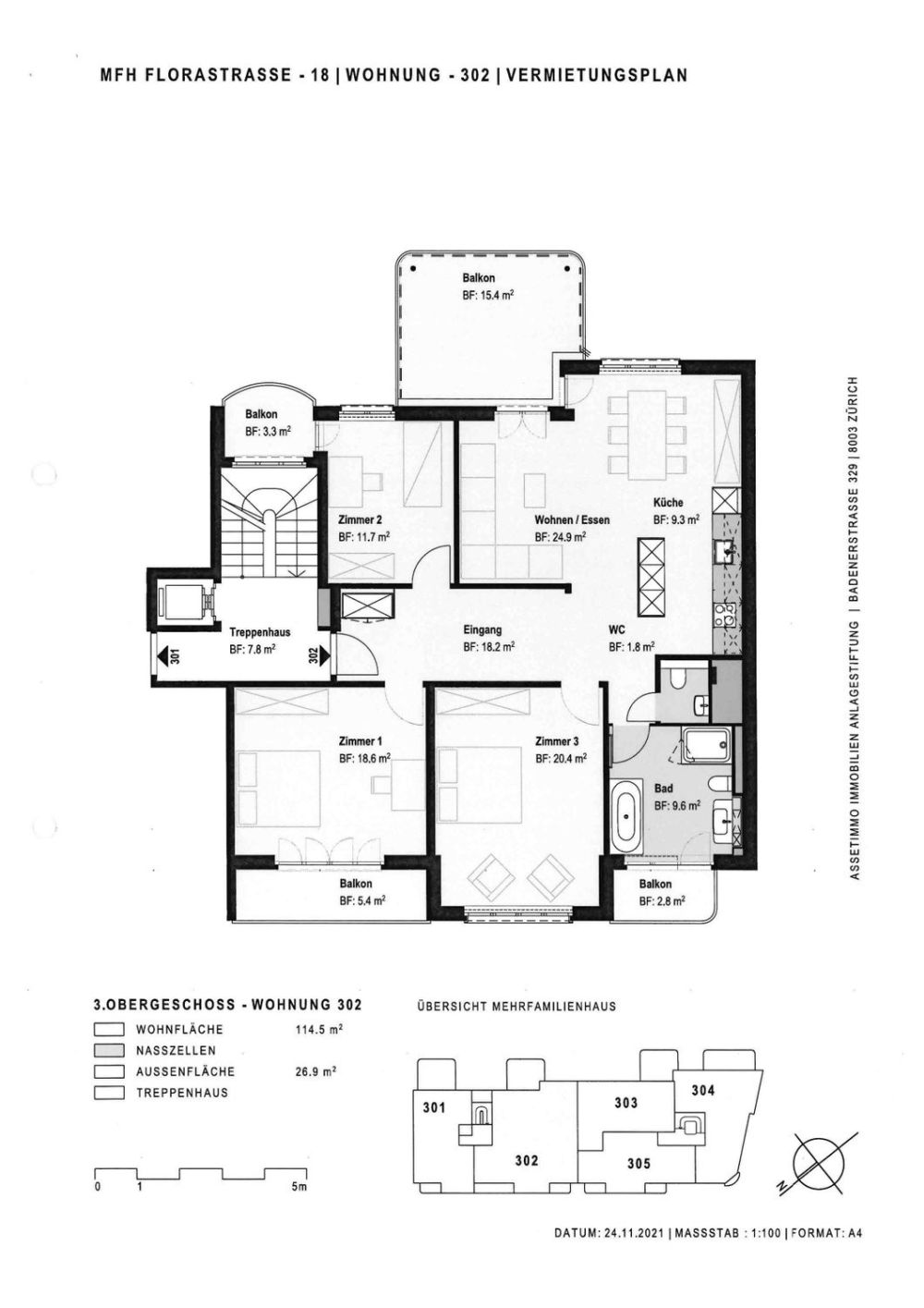4.5-Zimmer-Wohnung mit vier Balkone im Zentrum von Biel zu vermieten - Plan