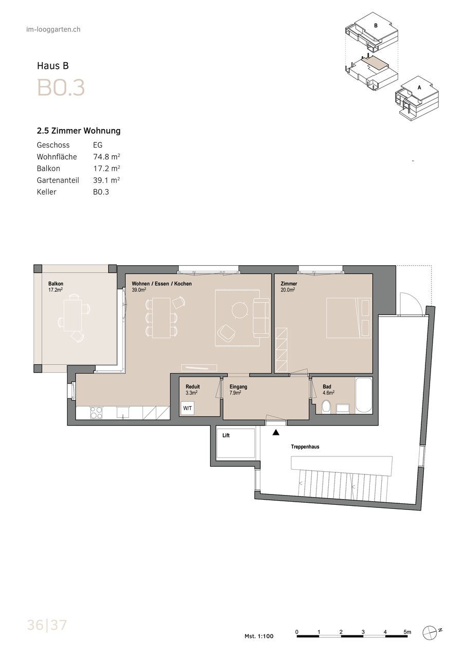 Attraktive Gartenwohnung mit grossem Mehrzweckraum - Grundriss Wohnung B0.3
