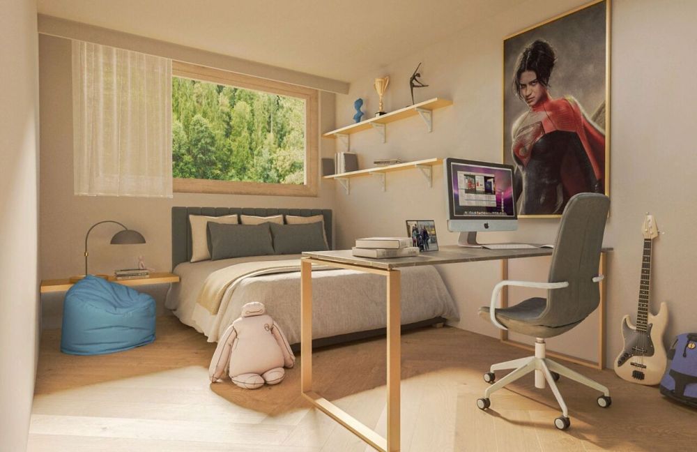 Neubauprojekt Alte Strasse mit zwei Doppeleinfamilienhäusern (Haus B) - Visualisierung Kinderzimmer (echte Aussicht)