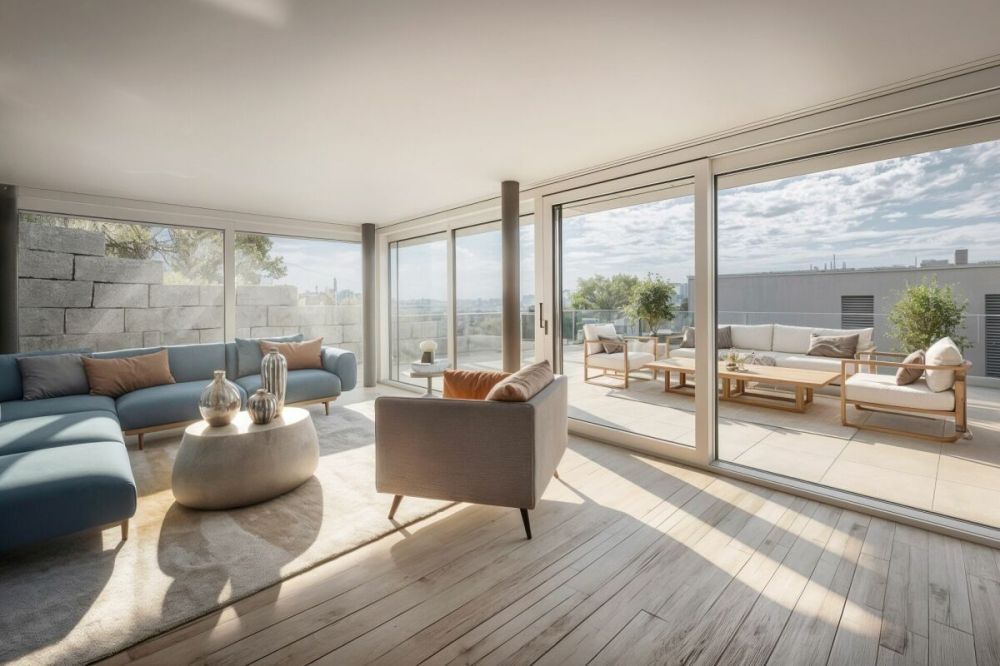 2-Etagen Terrassenhaus mit 2 Terrassen und 1 Sitzplatz - Wohnzimmer mit KI Bodenbelag und Mobiliar