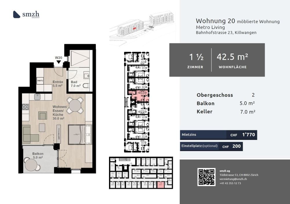 1.5-Zi.-Wohnung möbliert mit Balkon - urban wohnen in Killwangen -  Bild 2