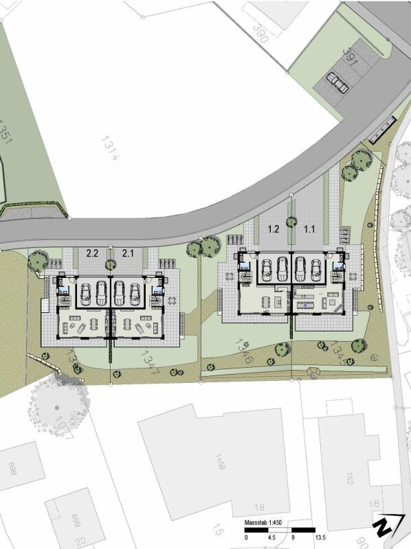 Modernes Eigenheim mit Panorama-Weitsicht ins Grüne und die umliegende Berglandschaft. - Situationsplan Häuser 1 & 2