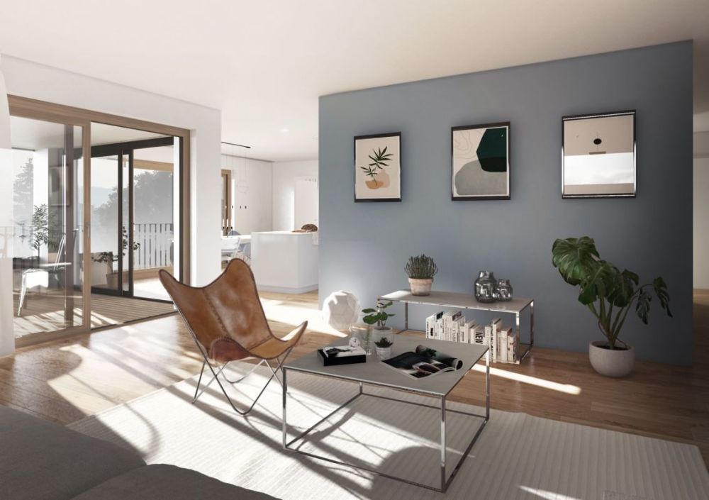 Wolkestei: 3.5-Zimmer-Wohnung im Herz der Rheinidylle - Wohnzimmer mit Zugang zu Loggia