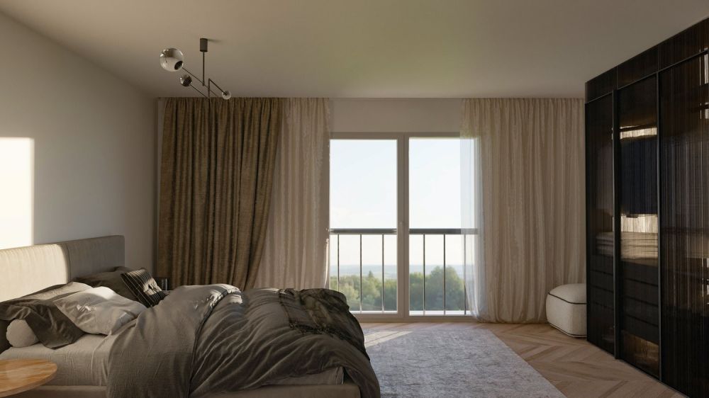 Neubau Attika-Maisonette am Heidenweg - Bed with blankets and pillows, bedside tables, large glass window with balcony, wardrobe, decorative lights, beige curtains